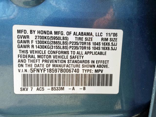 5FNYF18597B006740 - 2007 HONDA PILOT EXL BLUE photo 10