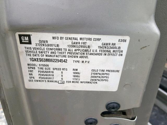 1GKES63M862294542 - 2006 GMC ENVOY DENA SILVER photo 10