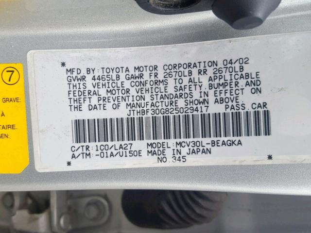 JTHBF30G825029417 - 2002 LEXUS ES 300 SILVER photo 10