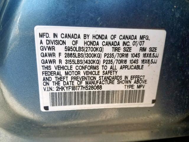 2HKYF18177H528068 - 2007 HONDA PILOT LX BLUE photo 10