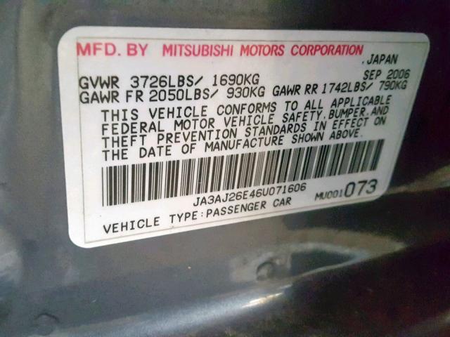 JA3AJ26E46U071606 - 2006 MITSUBISHI LANCER ES GRAY photo 10