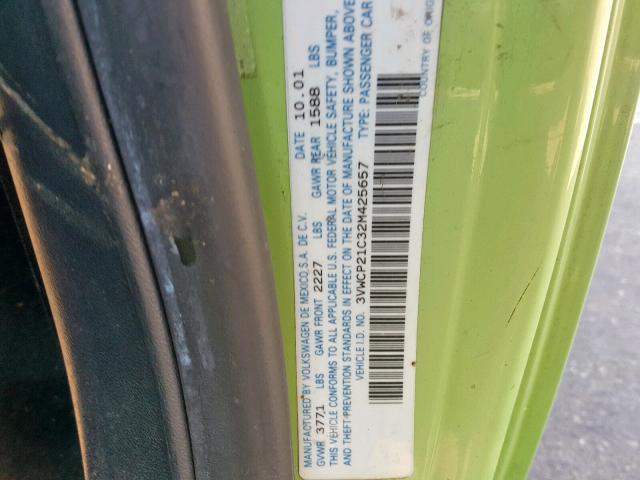 3VWCP21C32M425657 - 2002 VOLKSWAGEN NEW BEETLE მწვანე ფოტო 10