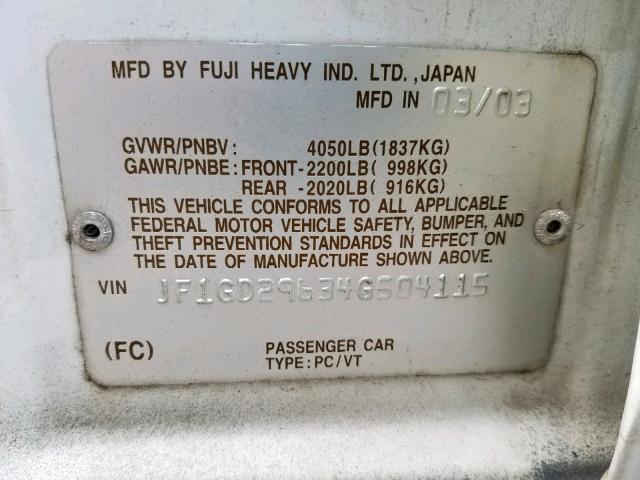 JF1GD29634G504115 - 2004 SUBARU IMPREZA WR WHITE photo 10