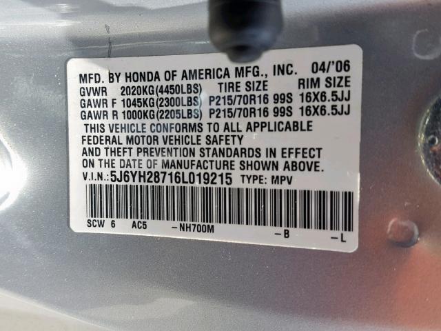 5J6YH28716L019215 - 2006 HONDA ELEMENT EX SILVER photo 10