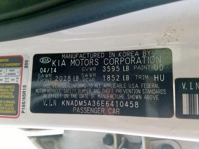 KNADM5A36E6410458 - 2014 KIA RIO LX WHITE photo 10