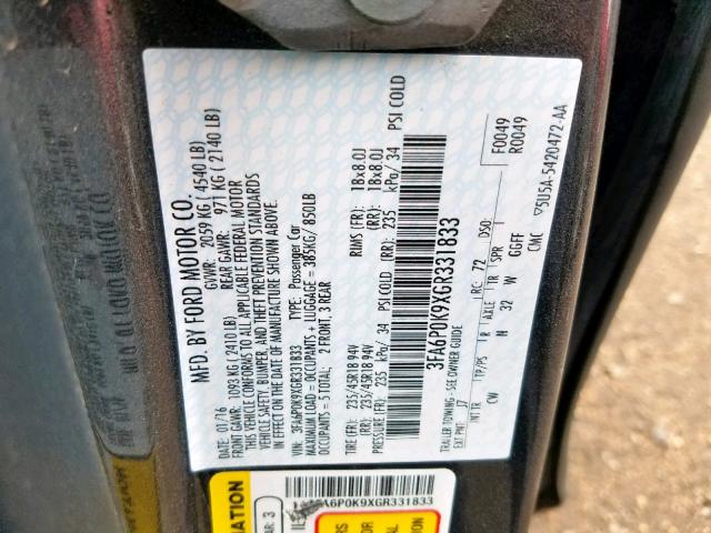 3FA6P0K9XGR331833 - 2016 FORD FUSION TIT CHARCOAL photo 10