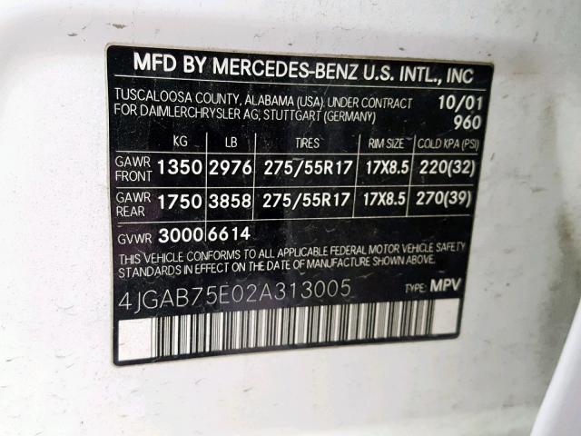 4JGAB75E02A313005 - 2002 MERCEDES-BENZ ML 500 WHITE photo 10