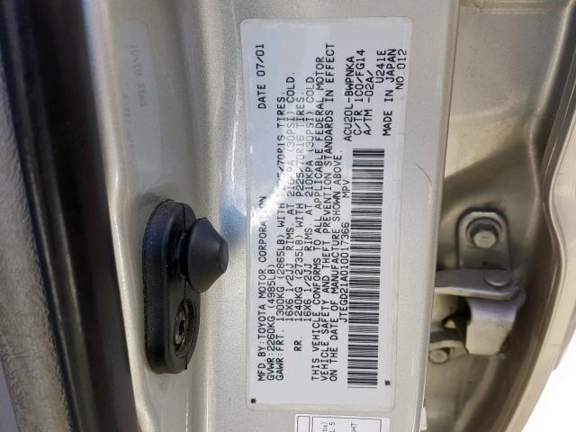 JTEGD21A010017366 - 2001 TOYOTA HIGHLANDER SILVER photo 10