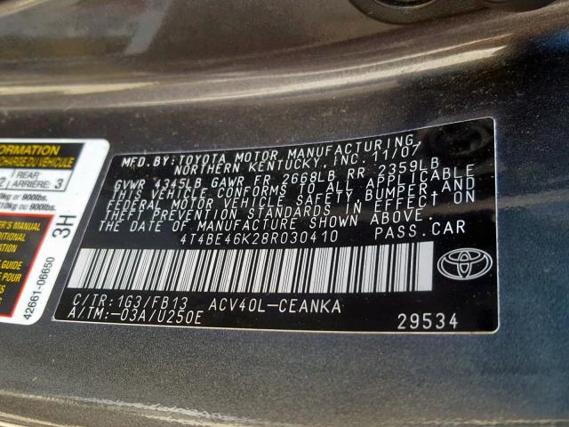 4T4BE46K28R030410 - 2008 TOYOTA CAMRY CE GRAY photo 10