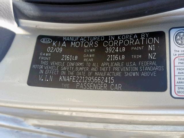 KNAFE221295662415 - 2009 KIA SPECTRA EX GOLD photo 10