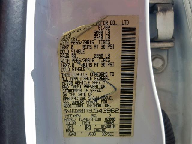 5N1ED28T72C543962 - 2002 NISSAN XTERRA XE WHITE photo 10