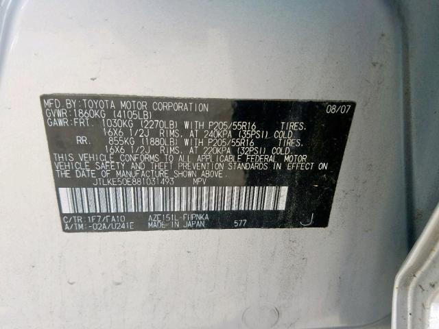 JTLKE50E881031493 - 2008 TOYOTA SCION XB 银色 照片 10