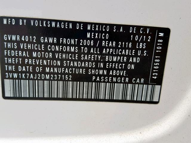 3VW1K7AJ2DM237152 - 2013 VOLKSWAGEN JETTA BASE 白色 照片 10