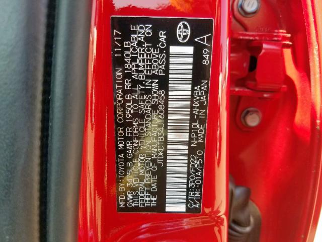 JTDKDTB34J1608458 - 2018 TOYOTA PRIUS C RED photo 10