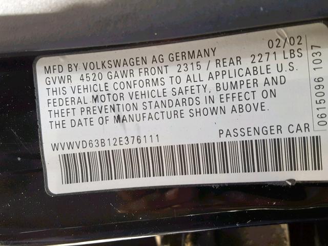 WVWVD63B12E376111 - 2002 VOLKSWAGEN PASSAT GLS BLACK photo 10