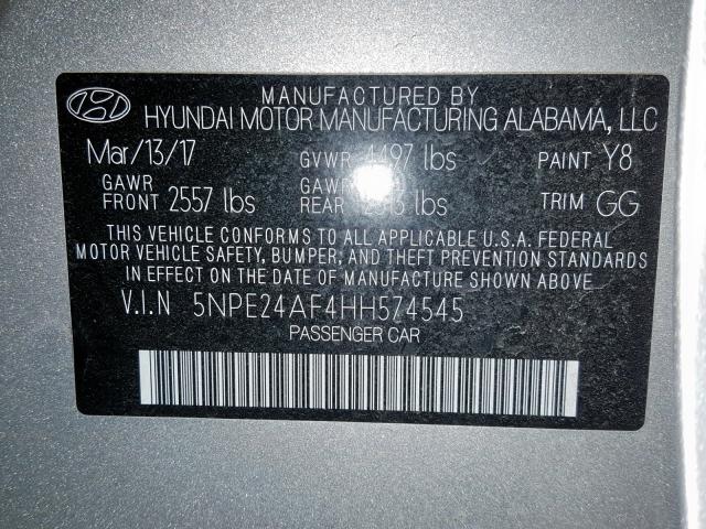 5NPE34AF4HH574545 - 2017 HYUNDAI SONATA SPO SILVER photo 10