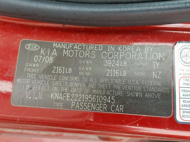 KNAFE222195610945 - 2009 KIA SPECTRA EX RED photo 10