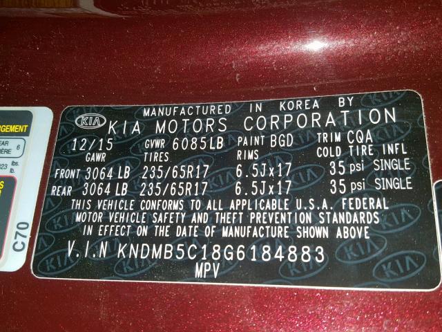 KNDMB5C18G6184883 - 2016 KIA SEDONA LX MAROON photo 10