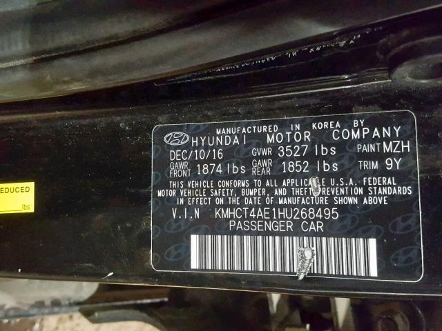 KMHCT4AE1HU268495 - 2017 HYUNDAI ACCENT SE BLACK photo 10