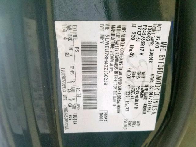 5LMEU78H43ZJ30238 - 2003 LINCOLN AVIATOR Yaşıl foto 10