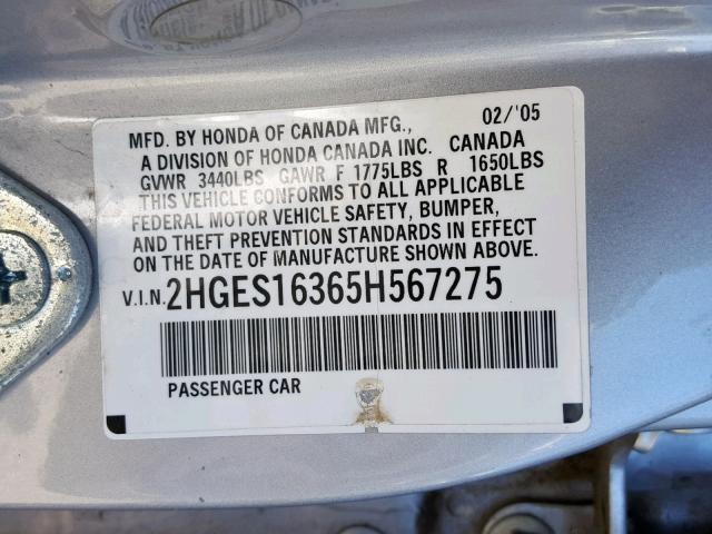 2HGES16365H567275 - 2005 HONDA CIVIC DX V SILVER photo 10