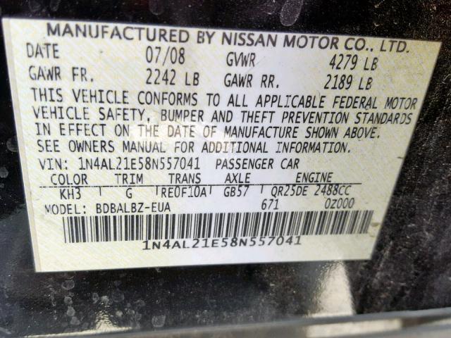 1N4AL21E58N557041 - 2008 NISSAN ALTIMA 2.5 BLACK photo 10