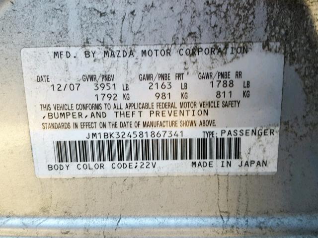 JM1BK324581867341 - 2008 MAZDA 3 S SILVER photo 10