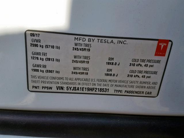 5YJSA1E19HF218531 - 2017 TESLA MODEL S WHITE photo 10