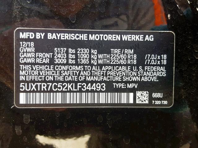 5UXTR7C52KLF34493 - 2019 BMW X3 SDRIVE3 BLACK photo 10
