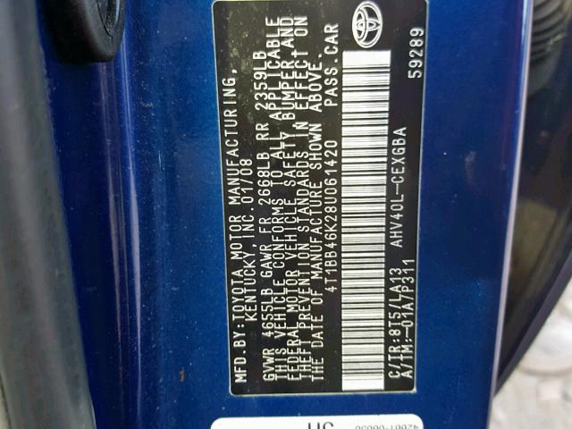 4T1BB46K28U061420 - 2008 TOYOTA CAMRY HYBR BLUE photo 10