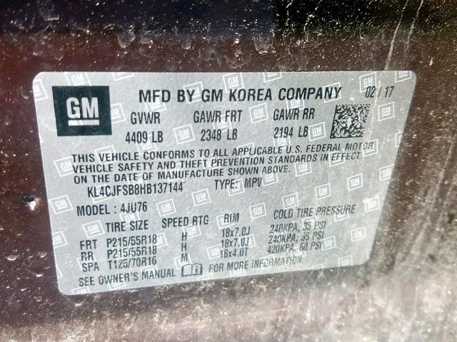 KL4CJFSB8HB137144 - 2017 BUICK ENCORE PRE SILVER photo 10