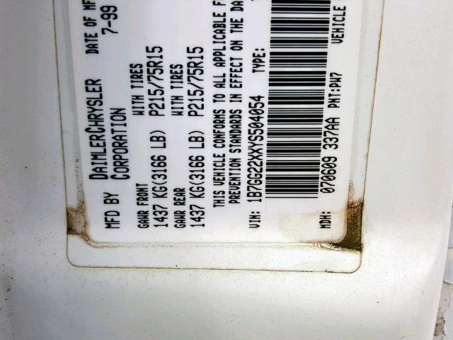 1B7GG22XXYS504054 - 2000 DODGE DAKOTA WHITE photo 10