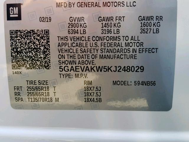 5GAEVAKW5KJ248029 - 2019 BUICK ENCLAVE ES WHITE photo 10