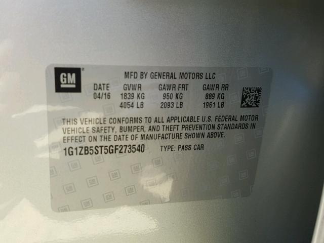 1G1ZB5ST5GF273540 - 2016 CHEVROLET MALIBU LS 银色 照片 10