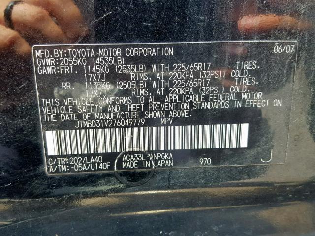 JTMBD31V276049779 - 2007 TOYOTA RAV4 LIMIT BLACK photo 10