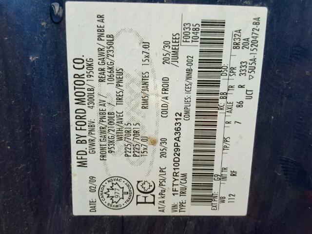 1FTYR10D29PA36312 - 2009 FORD RANGER BLUE photo 10