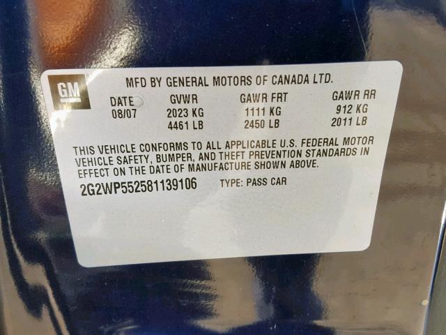 2G2WP552581139106 - 2008 PONTIAC GRAND PRIX Көк фото 10