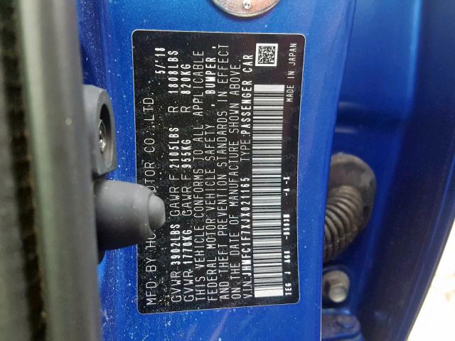 JHMFC1F7XJX021165 - 2018 HONDA CIVIC EXL 蓝色 照片 10