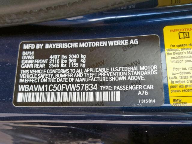 WBAVM1C50FVW57834 - 2015 BMW X1 SDRIVE2 BLUE photo 10
