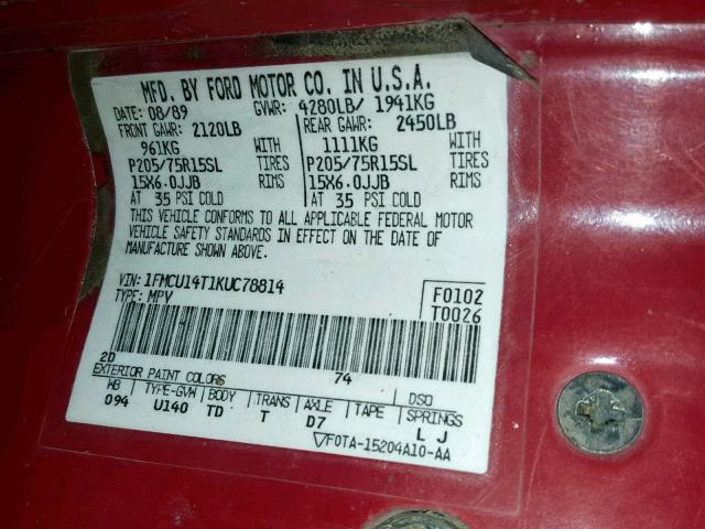 1FMCU14T1KUC78814 - 1989 FORD BRONCO II RED photo 10