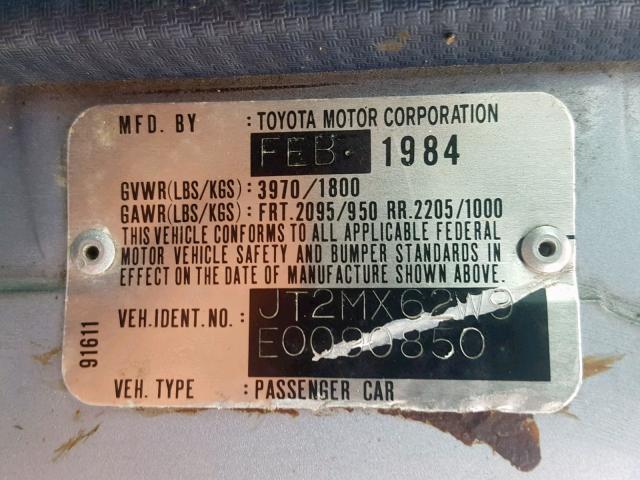 JT2MX62W9E0090850 - 1984 TOYOTA CRESSIDA L BLUE photo 10