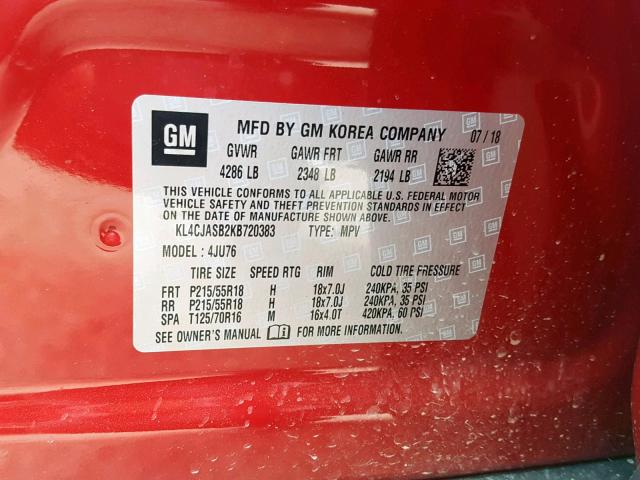 KL4CJASB2KB720383 - 2019 BUICK ENCORE PRE RED photo 10