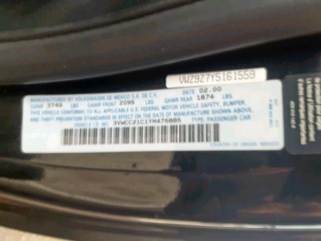 3VWCC21C1YM476885 - 2000 VOLKSWAGEN NEW BEETLE BLACK photo 10