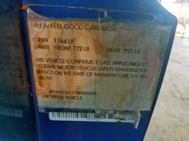 2FHAS15A77S000308 - 2007 ZENN ELCTRC CAR BLUE photo 10