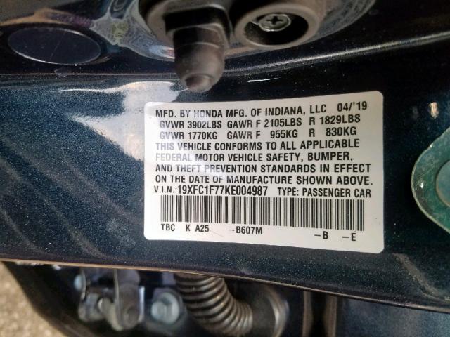 19XFC1F77KE004987 - 2019 HONDA CIVIC EXL 蓝色 照片 10