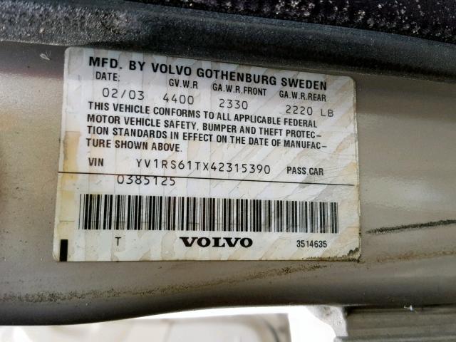 YV1RS61TX42315390 - 2004 VOLVO S60 BEIGE photo 10