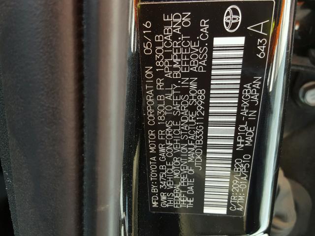 JTDKDTB33G1129988 - 2016 TOYOTA PRIUS C BLACK photo 10