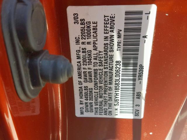 5J6YH18583L006238 - 2003 HONDA ELEMENT EX ORANGE photo 10