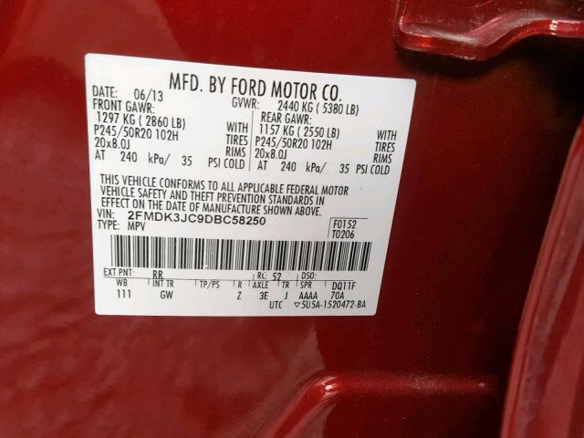 2FMDK3JC9DBC58250 - 2013 FORD EDGE SEL RED photo 10