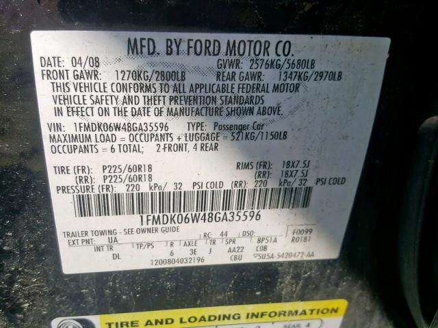 1FMDK06W48GA35596 - 2008 FORD TAURUS X L BLACK photo 10